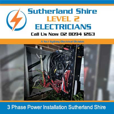 3 phase electrical wiring and components inside open switchboard enclosure in Sutherland Shire