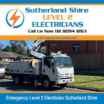 Emergency utility truck with boom lift parked at residential property for electrical work in Sutherland Shire