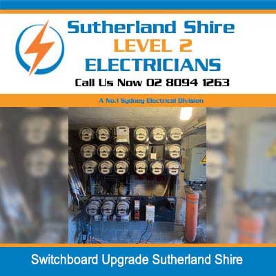 Electrical switchboard interior upgrade showing multiple circuit breakers and wiring connections in Sutherland Shire